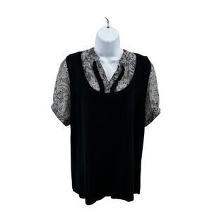 Lane Bryant Lace Blouse WMNS 14/16 Black/White Ruffle Short Sleeve Split V-neck